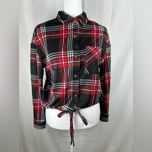 No Boundaries Knit Plaid Button Shirt 3-5 Red Black Drawstring Tie Waist